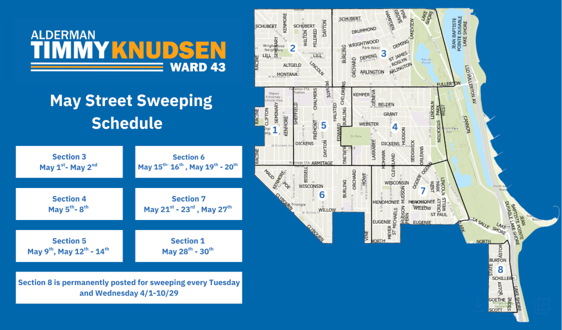 April Street Sweeping graphic with a map and highlighted sections. 